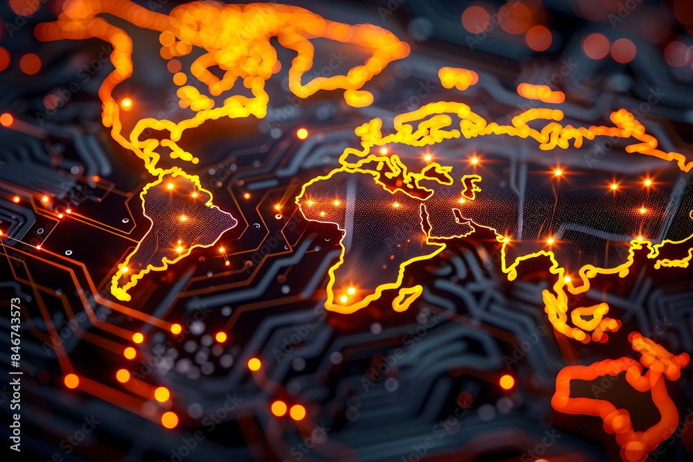 Wall mural glowing circuits in world map shape.