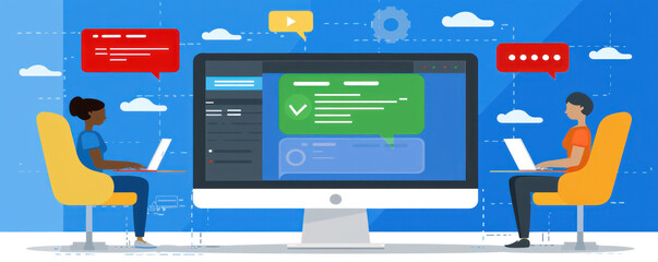 Two people are sitting in front of a computer monitor with a green chat box. They are using laptops and seem to be working together