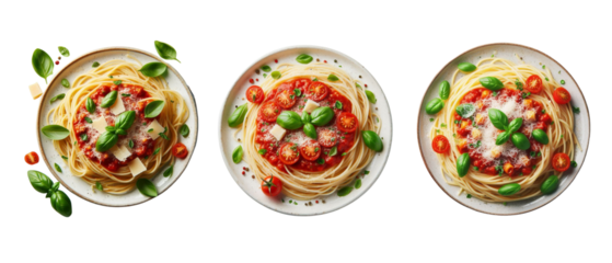 Set of cooked plate of spaghetti with marinara sauce, garnished with fresh basil leaves and Parmesan cheese