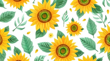 Bright Yellow Sunflower Field with Green Leaves on White Background