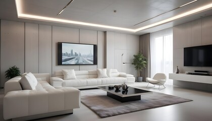 High end modern living room with white leather couch and a large flat screen tv mounted on the wall, brutalist architecture mixed with modern futuristic minimal design