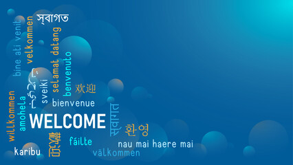 WELCOME word cloud in many languages on dark blue background with copy space