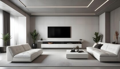 High end modern living room with white leather couch and a large flat screen tv mounted on the wall, brutalist architecture mixed with modern futuristic minimal design