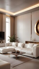 High end modern living room with white leather couch and a large flat screen tv mounted on the wall, brutalist architecture mixed with modern futuristic minimal design