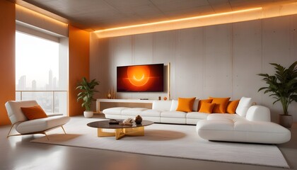 High end modern living room with white leather couch and a large flat screen tv mounted on the wall, brutalist architecture mixed with modern futuristic minimal design