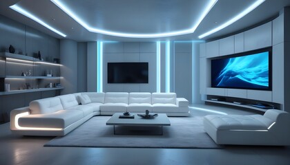 Naklejka premium High end modern living room with white leather couch and a large flat screen tv mounted on the wall, brutalist architecture mixed with modern futuristic minimal design