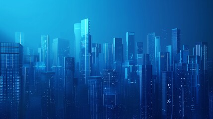 Modern Cityscape with Skyscrapers and Glass Buildings in Blue Shades Symbolizing Innovation and Technology. Representation of Digital Transformation in Real Estate