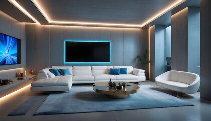 High end modern living room with white leather couch and a large flat screen tv mounted on the wall, brutalist architecture mixed with modern futuristic minimal design