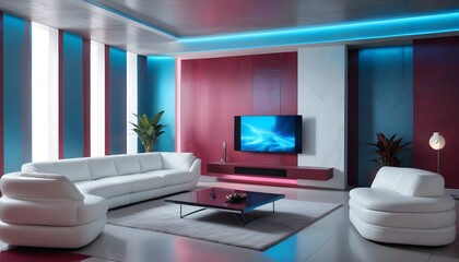 High end modern living room with white leather couch and a large flat screen tv mounted on the wall, brutalist architecture mixed with modern futuristic minimal design
