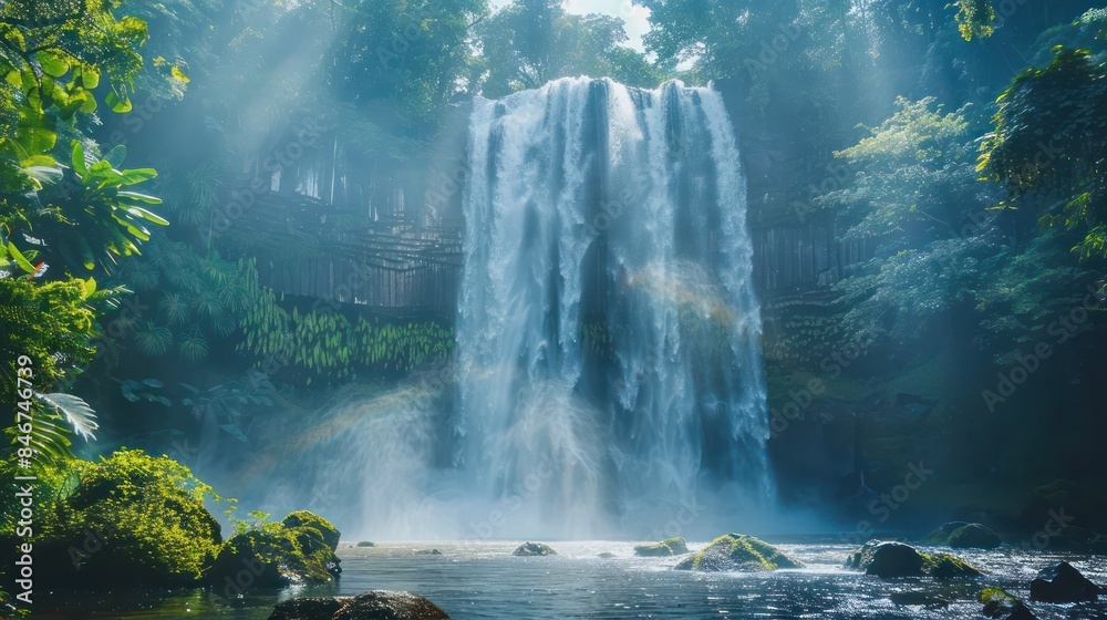 Poster a waterfall is surrounded by trees and rocks