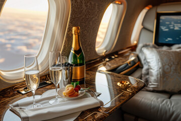 A bottle of champagne and two glasses of champagne on a table in private jet at airport. Travel concept