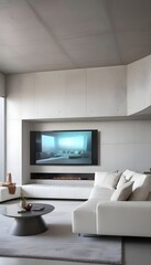 High end modern living room with white leather couch and a large flat screen tv mounted on the wall, brutalist architecture mixed with modern futuristic minimal design