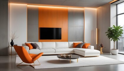 Fototapeta premium High end modern living room with white leather couch and a large flat screen tv mounted on the wall, brutalist architecture mixed with modern futuristic minimal design