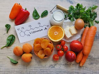 Food rich in vitamin A (retinol). Natural products containing vitamin A. Fruits and vegetables high in vitamin A and beta carotene. Healthy sources of vitamin A with chemical formula written on paper.