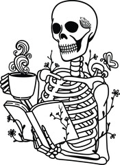 Skeleton holding book and coffee cup for design element. Vector illustration. Editable stroke thickness. 