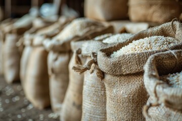 Obraz premium A pile of bags of rice are stacked on top of each other