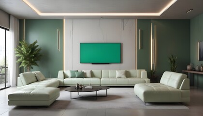 High end modern living room with white leather couch and a large flat screen tv mounted on the wall, brutalist architecture mixed with modern futuristic minimal design