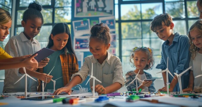 Naklejki The group of children building models