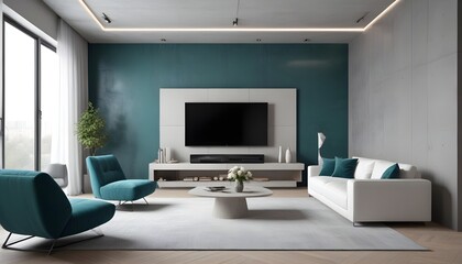 High end modern living room with white leather couch and a large flat screen tv mounted on the wall, brutalist architecture mixed with modern futuristic minimal design