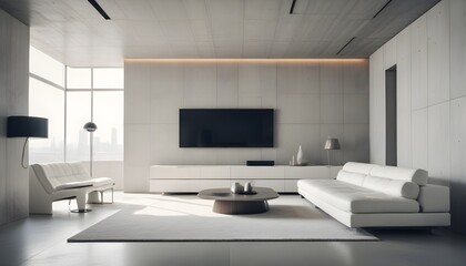 High end modern living room with white leather couch and a large flat screen tv mounted on the wall, brutalist architecture mixed with modern futuristic minimal design