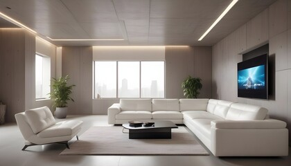 High end modern living room with white leather couch and a large flat screen tv mounted on the wall, brutalist architecture mixed with modern futuristic minimal design