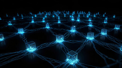 Visualization of a complex network of glowing blue nodes connected by digital threads,futuristic blue color abstract technology background