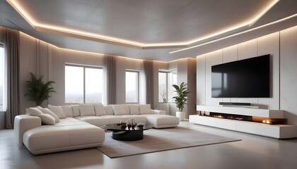 High end modern living room with white leather couch and a large flat screen tv mounted on the wall, brutalist architecture mixed with modern futuristic minimal design