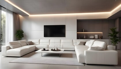 Fototapeta premium High end modern living room with white leather couch and a large flat screen tv mounted on the wall, brutalist architecture mixed with modern futuristic minimal design