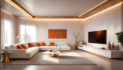 Fototapeta premium High end modern living room with white leather couch and a large flat screen tv mounted on the wall, brutalist architecture mixed with modern futuristic minimal design