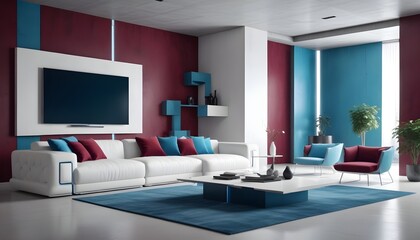 High end modern living room with white leather couch and a large flat screen tv mounted on the wall, brutalist architecture mixed with modern futuristic minimal design