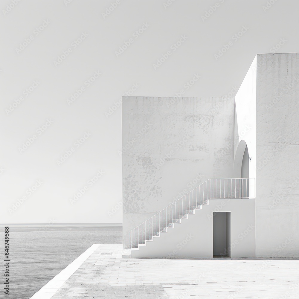 Poster a white building with a staircase leading up to it