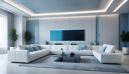 High end modern living room with white leather couch and a large flat screen tv mounted on the wall, brutalist architecture mixed with modern futuristic minimal design