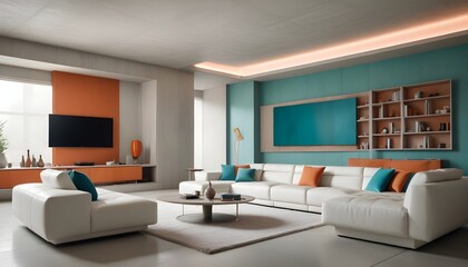 High end modern living room with white leather couch and a large flat screen tv mounted on the wall, brutalist architecture mixed with modern futuristic minimal design