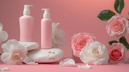 Elegant Floral Spa and Beauty Products on Pink Background