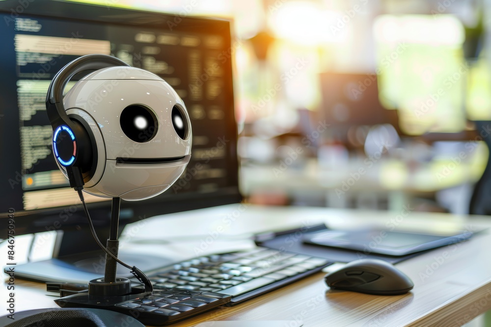 Poster customer service robot at work on computer in blurred office setting with copy space
