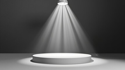 Obraz premium A spotlight shines down on an empty stage. The stage is made of white marble and has a shiny surface. The spotlight is bright and creates a dramatic effect.
