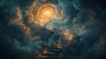 Obraz premium A spiral staircase is shown in the sky, with clouds and stars in the background