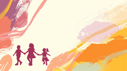 Abstract kids background children's playroom, abstract lines pastel colors purple, orange, yellow, warm light green, white, place for text