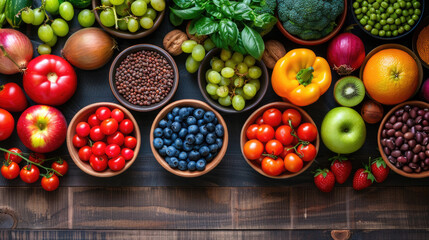 A variety of healthy foods are arranged on a wooden table. The foods include fruits, vegetables,...