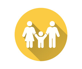 Obraz premium Complete family icon, vector flat design with long shadow. Features two parents and a child holding hands, encapsulated within a yellow circle.