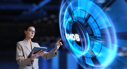 CMDB, CMD COnfiguration management Database. Businesswoman pressing button on virtual screen.