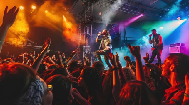 Energetic live concert with vibrant stage lighting, enthusiastic crowd, and dynamic band performance creating an unforgettable musical experience.