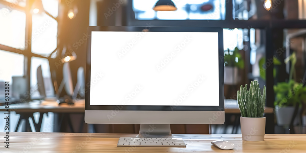 Wall mural a computer monitor sits on a desk with a keyboard and mouse