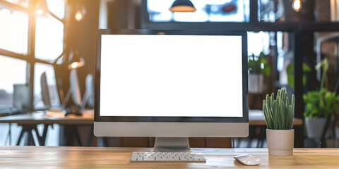 A computer monitor sits on a desk with a keyboard and mouse