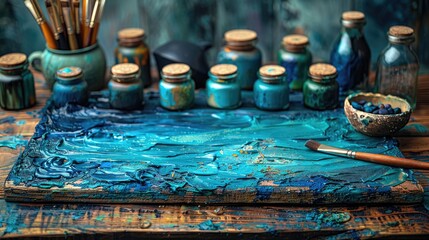 A wooden table covered in blue oil paint with a paintbrush and several jars of paint in the...