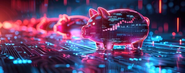 Futuristic glowing piggy banks symbolize digital financial savings and cryptocurrency. Concept of blockchain and electronic investments.