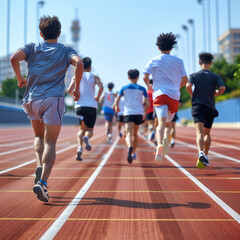 A group of runners are running on a track, with one man in the lead. Scene is energetic and competitive, as the runners are focused on their race and trying to beat each other