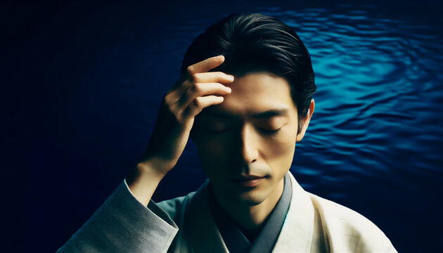 静かに目を閉じて瞑想する日本人男性