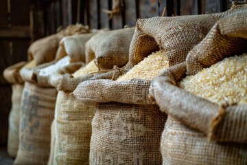 Obraz premium A pile of bags of rice are stacked on top of each other