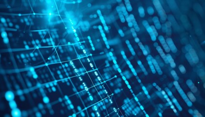 Obraz premium dynamic abstract network of interconnected nodes and data points, representing the complexity and volume of big data, set against a deep blue to bright cyan gradient background